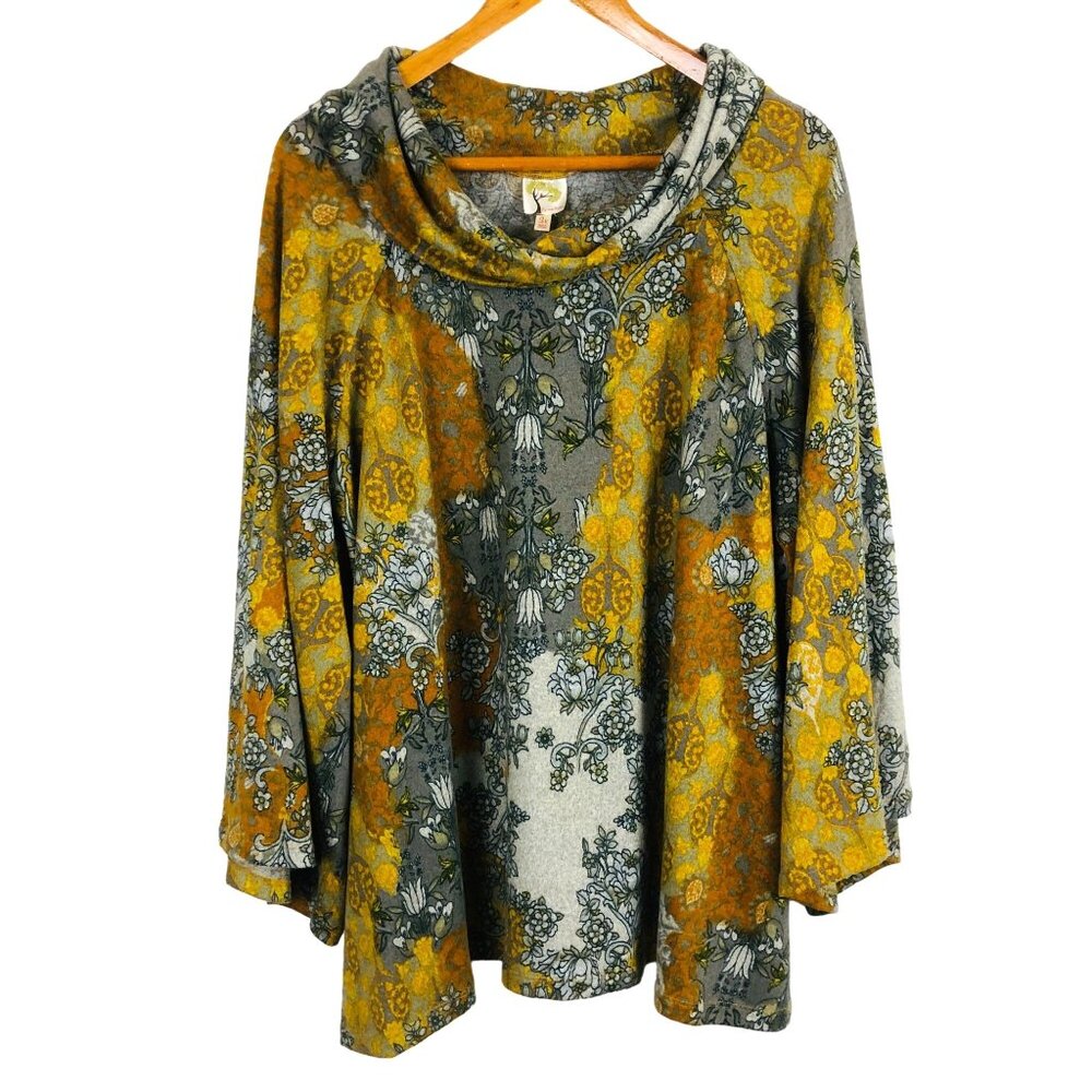 Fig & Flower Cowl Neck Patterned Tunic Top Sz 3X Multicolored Floral Wide Sleeve